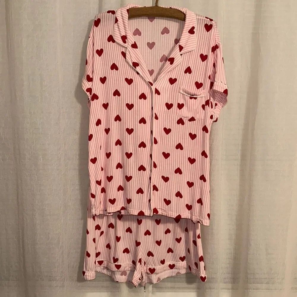 anko 16-18 Pink White Red Romantic Striped Pajama Set Short Sleeve Top & Shorts